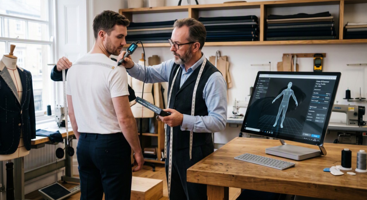 Tailor measuring fabric alongside modern technology